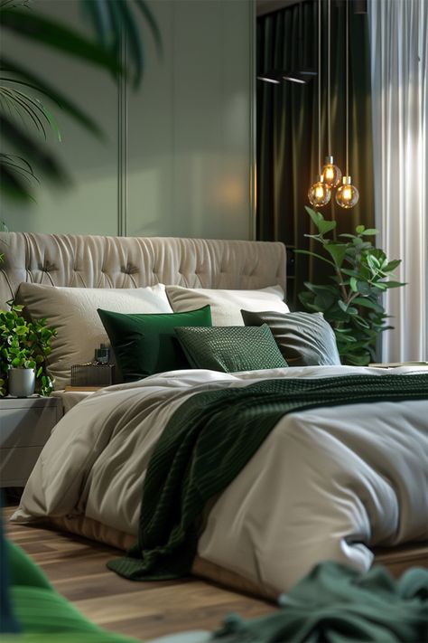 Botanical Elegance • A plush tufted headboard sets a luxurious stage, embraced by the freshness of indoor greenery • Sumptuous bedding in crisp white is accented with throws and pillows in rich emerald, adding a dash of opulence • Soft ambient light from sleek wall sconces casts a warm glow, enhancing the room's inviting atmosphere • Nature's allure is brought indoors, with leafy plants contributing to the room’s tranquil vibe • It’s an urban oasis White And Emerald Green Bedroom, Bedroom Green And White, Green Theme Bedroom, Modern Bedroom Green, White Aesthetic Home, Green And White Aesthetic, Emerald Green Bedrooms, Beautiful Bedroom Designs, Indoor Greenery