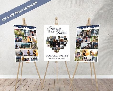 Honor the memory of a loved one with this beautiful editable funeral poster photo display which consists of 3 poster collages. Give a proper send-off through heartfelt funeral décor; these 3 photo collage displays add a lovely touch to any memorial service. Click to edit them and add your own photos. Photo Collage Board, Photo Collage Poster, 21 Party, Birthday Photo Collage, Collage Foto, Heart Collage, Collage Board, Event Template, Photo Collage Template