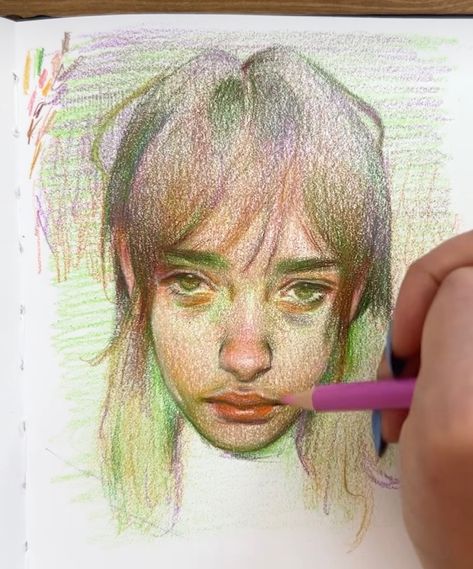 Color Pencil Art People, Art Sketchbook Colored Pencil, Colored Pencil Reference Photos, Skin Tutorial Colored Pencils, Color Pencil Art Realistic Portrait, Color Pencil Hair, Colorpencils Drawing Portrait, Colorful Reference, Ethereal Art Color Pencil