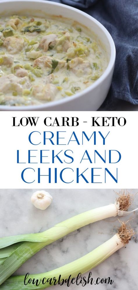 This low carb / keto creamy leek and chicken recipe is just amazing There is something about the leeks that add so much flavor, along with the garlic, chicken broth and white cheddar. The cream cheese makes this so creamy. Honestly, this dish is being added to our weekly dinner rotation. It's that good. #lowcarbdelish #ketochicken #ketorecipes #chickendinner Keto Recipes With Leeks, Chicken And Leek Stew, Low Carb Leek Recipes, Leek Recipes Keto, Keto Leek Recipes, Keto Leek Soup Recipes, Chicken And Leeks Recipe, Keto Leek Soup, Chicken Leeks Recipe