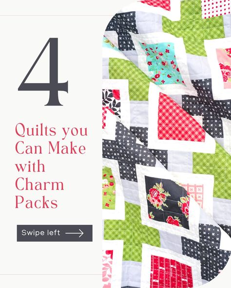 Got charm packs? 🧵✨ The first fabric I ever purchased was a charm pack. It is a great way to get a little piece of all the prints in a fabric collection. Here are 4 fun quilt patterns you can make with 5” squares! Whether you’re looking to use up your stash or try something new, these quilts are perfect for adding a touch of charm to your sewing projects. I'm working to add more charm square friendly patterns to the shop so I will have more to share soon. Make sure to swipe through to get ... Charm Square Quilt Patterns Free, Charm Square Quilt Patterns, Square Quilt Patterns, Charm Pack Quilt Patterns, Charm Square Quilt, Charm Pack Quilt, Fun Quilt, Modern Inspiration, Charm Packs