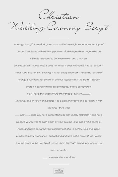 Wedding Ceremony Script For Each Wedding Type (Updated List For 2018) ❤️ Find Christian Wedding Ceremony Scripts With Examples Of Vows. See more: https://www.weddingforward.com/wedding-ceremony-script/ #wedding #bride #weddingceremonyscript Wedding Ceremony Script Christian, Wedding Script For Officiant, Simple Wedding Ceremony Script, Christian Wedding Vows, Wedding Ceremony Outline, Wedding Vows Template, Ceremony Outline, Wedding Officiant Script, Ceremony Script