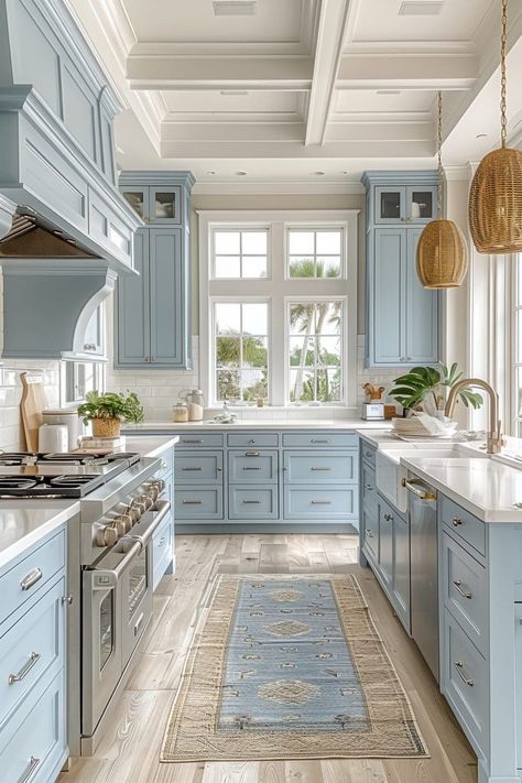 Aesthetic Blue Kitchen, Cape Cod Kitchen Design, Beachouse Kitchen Ideas, Coastal Blue Cabinets, Coastal Granddaughter Kitchen, Coastal Beach House Kitchen, Coastal Interior Design Kitchen, Coastal Galley Kitchen, Beach Cottage Kitchen Ideas