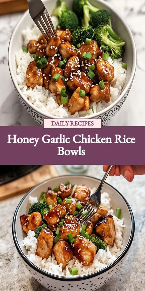 Savor the perfect balance of sweet and savory with our Honey Garlic Chicken Rice Bowls recipe. Tender chicken coated in a sticky honey garlic sauce served over fluffy white rice, this dish is a winner for dinner! Easy to make and bursting with flavor, these rice bowls are sure to become a family favorite. Try it tonight and treat your taste buds to a delicious homemade meal! White Rice Bowl Recipes, Garlic Chicken Rice, Healthy Rice Bowl, Bowl Recipes Healthy, Rice Bowl Recipes, Rice Bowls Healthy, Fluffy White Rice, Healthy Bowls Recipes, Chicken Rice Bowls