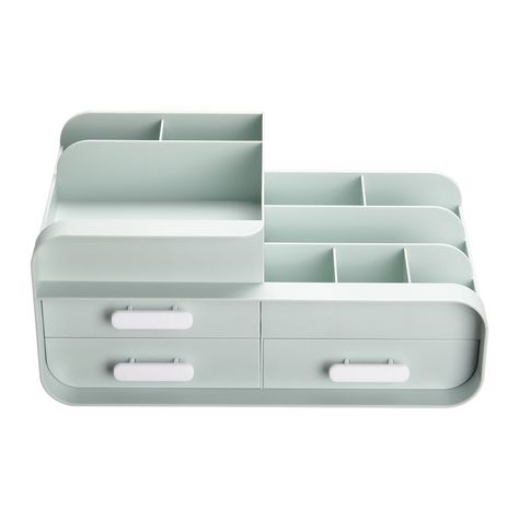 With this handy organizer by livingandhome, your desk stays tidy. Thanks to 3 large drawers and 9 compartments, all office materials find their place here and can be found quickly when you need them. Crafted with plastic material and thanks to the high-quality workmanship, the organizer is particularly durable and easy to maintain. Come ready to use, no assembly required. 17 Stories Colour: Green Sage Green Desk Accessories, Desk Organizer Ideas, Makeup Organisers, Makeup Storage Desk, Desk Organisers, Blue Room Decor, Stationary Organization, Desk Organiser, Storage Desk