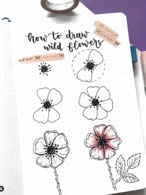 Draw Wild Flowers, Bullet Journal Flower Doodles, Learn To Draw Flowers, Hur Man Ritar Blommor, Tulip Drawing, Wildflower Drawing, Plant Doodle, Sunflower Drawing, Flower Drawing Tutorials