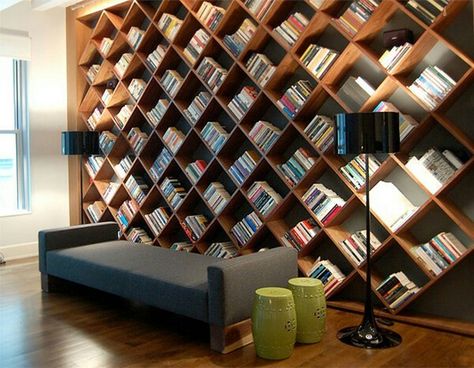 Criss-Cross Shelving Unusual Bookcase, Home Library Design Ideas, Unique Bookshelves, Creative Bookshelves, Bookcase Design, Home Library Design, Bookshelf Design, Wall Bookshelves, Home Libraries