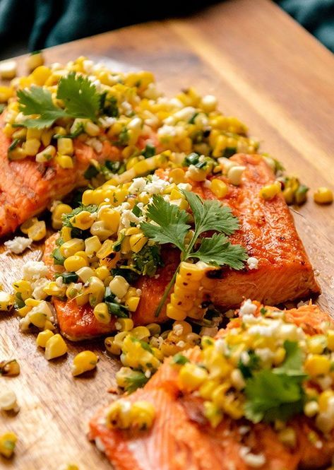 Salmon And Corn On The Cob, Salmon With Corn And Tomatoes, Salmon And Corn, Cilantro Lime Salmon Recipes, Salsa With Cilantro, Chili Lime Salmon Tacos, Chipotle Lime Salmon, Easy Grilled Salmon, Grilled Corn Salsa