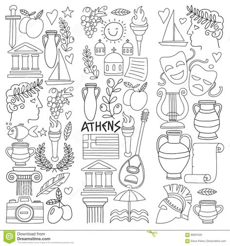 Athens Greece Tattoo Ideas, Athens Tattoo Ideas, Greece Doodles, Greek Themed Tattoos, Ancient Greece Art, Travel Doodles, Classical Greece, Travel History, Greece Art