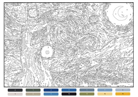 Printable Paint By Numbers Van Gogh Starry Night Activity Adult Starry Night Paint By Number, Paint By Number Art, Number Painting Printable, Painting By Numbers For Adults, Color By Number Printable Free Adult, Paint By Number Template, Printable Drawings To Paint, Starry Night Coloring Page, Colour By Numbers For Adults