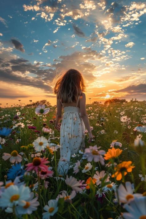 Woman in a white dress standing in a colorful flower field during sunset. Floral Field Photoshoot, Fall Flower Field Photoshoot, Flower Farm Photoshoot Ideas, People In Nature Photography, Photo Inspiration Nature, Wildflower Photo Shoot, Flower Fields Aesthetic, Flowers In A Field, Wild Flower Aesthetic