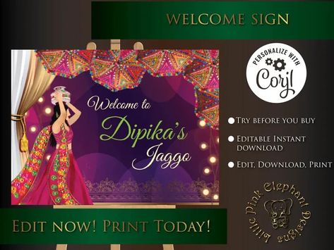 Welcome to Jaggo & Jago poster, Jago Welcome Signs as Jago sign, Punjabi Jaggo signs as Jaggo party sign, Jaggo Welcome sign as Jaggo signs- Features: 1.Try before you buy 2. Editable Instant download 3. Edit, download and print today Mehndi Stage, Anand Karaj, Stage Decor, Welcome Sign Template, Welcome Signs, Bottle Wrapping, Party Sign, Punjabi Wedding, Desi Wedding