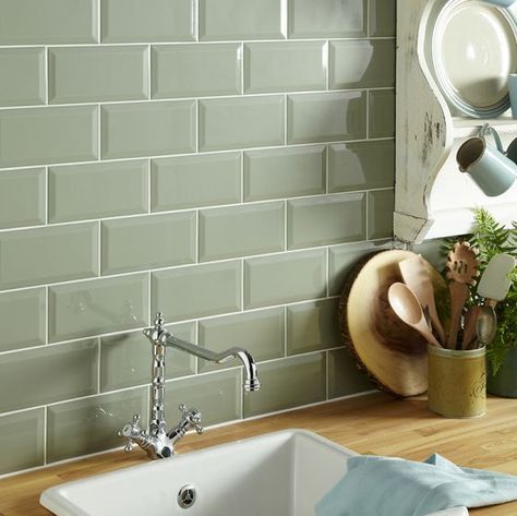 Metro Sage Wall Tile 100x200mm Green Metro Tiles Kitchen, Kitchen Metro Tiles, Green Kitchen Walls, Sage Kitchen, Kitchen Remodel Countertops, Sage Green Kitchen, Metro Tiles, Kitchen Splashback, Cottage Kitchens