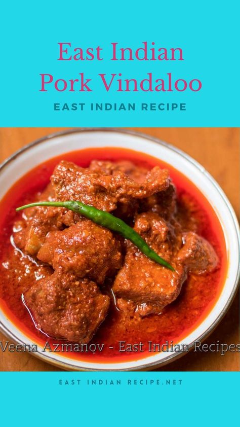 This pork vindaloo is an authentic dish that must be made for an East-Indian wedding. It is spicy and bright red in color. This curry is made with high fat pork and lots of vinegar which means it has a longer shelf life perfect for three to four days to serve at every meal at that wedding. Indian Pork, Pork Vindaloo Recipe, Pork Vindaloo, East Indian Food, Vindaloo Recipe, American Test Kitchen, Pork Curry, Healthy Indian Recipes, Vindaloo