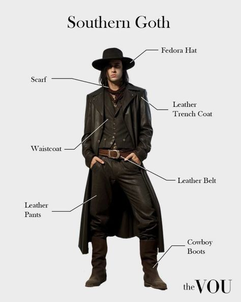 Southern Clothes Men, Black Western Fashion, Southern Goth Fashion, Emo Cowboy Outfit, Gothic Cowboy Outfit, Cowboy Black Outfit, Cowboy Outfit Black, Goth Cowboy Outfit, Gothic Western Fashion