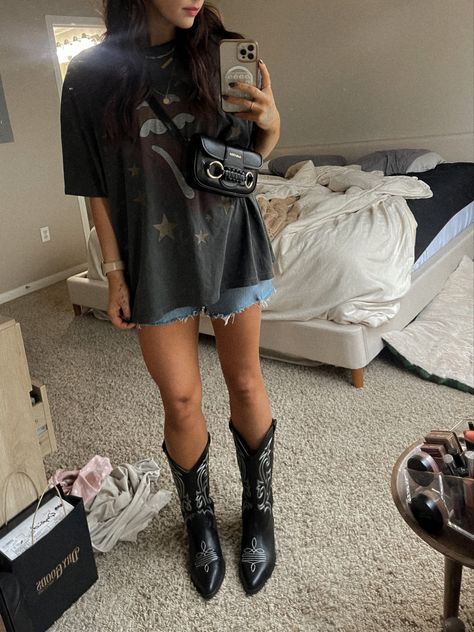 cowgirl boots, denim shorts, brunch outfit, free people, abercrombie, chloe, Edgy Cowboy Boots Outfit, Shorts Brunch Outfit, Cowgirl Boots And Shorts, Western Shorts Outfit, Cowboy Boots With Shorts, Shorts And Boots Outfits, Black Cowgirl Boots Outfit, Edgy Western, Style Roots