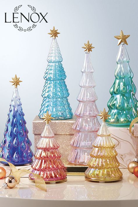 These festive glass trees light up and feature an ombre-effect. These trees will create a beautiful scene on your mantel, or make a unique centerpiece.  #christmasdecor #christmasdecorations #christmastrees #holidaydecor #holidaydecorations #homedecor #holiday #christmas #lenox Glass Christmas Trees, Holiday Glassware, Glass Trees, Holiday Soiree, Lenox Christmas, Unique Centerpieces, Christmas Trends, Glass Christmas Tree, Christmas Makes