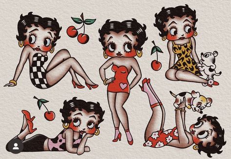 American Traditional Betty Boop Tattoo, Cute Pinup Tattoo, Betty Boop Tattoo Traditional, Pinup Art Rockabilly, Tattoo Portfolio Apprentice, Pinup Tattoo Ideas, American Traditional Pinup, Flapper Tattoo, Betty Boop Tattoo