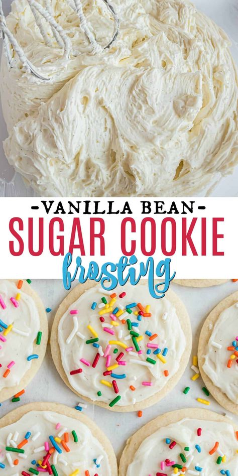 Put down the can and make your own Sugar Cookie Frosting from scratch! Made with vanilla beans for a rich flavor, this frosting adds the finishing touch to all your favorite holiday sugar cookies. Easy Sugar Cookie Frosting, Best Icing Recipe, Best Icing, Sugar Cookie Frosting Recipe, Cookie Frosting Recipe, Chewy Sugar Cookie Recipe, Vanilla Bean Frosting, Holiday Sugar Cookies, Shugary Sweets