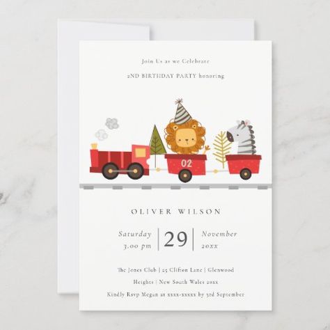 $2.67 | Cute Woodland Animal Train Any Age Birthday Invite #cute baby animal train toy, red yellow bright birthday trees, any age birthday cap hat, trees grassland modern chic lion, zebra woodland kids nursery decor, rustic boho trendy green unique, designer vehicle transportation wild fun, pretty illustration elegant choo choo, country boys girls gender neutral, whimsical party typography sweet chic Train Invitation, Birthday Tree, 67th Birthday, Rustic Birthday, Birthday Thank You Cards, Train Birthday, Birthday Invitations Kids, Kids Collection, Woodland Animal