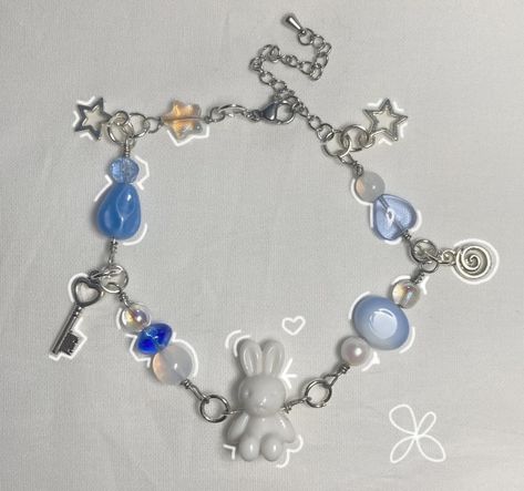 Miffy inspired bracelet ☆ Miffy Jewelry, Bunny Bracelet, Acrylic Bunny, Handmade Bunny, Blue Bunny, Blue Pearl, White Acrylic, White Acrylics, Bracelet Handmade