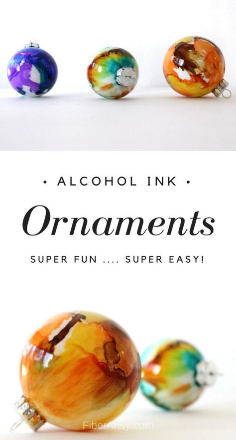 Learn how to make beautiful Alcohol Ink Ornaments with this easy step by step craft tutorial. A super fun and super easy glass painting technique. A free FiberArtsy.com tutorial Easy Glass Painting, Painting Glass Ornaments, Alcohol Ink Ornaments, Ink Ornaments, Ornaments Painted, Alcohol Ink Glass, Diy Ornament, Painting Glass, Alcohol Ink Crafts