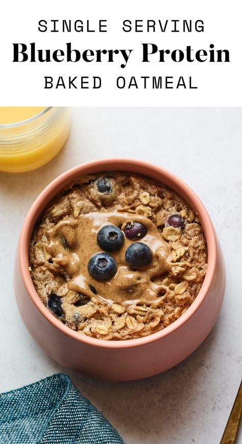 A delicious blueberry baked oatmeal recipe makes just one individual serving! It has protein powder for an added protein boost and no bananas. Protein Baked Oatmeal, Rolled Oats Recipe, Blueberry Baked Oatmeal, Blueberry Oatmeal Bake, Oats Recipes Breakfast, Baked Oatmeal Recipe, Protein Baking, Blueberry Oat, Baked Oatmeal Recipes