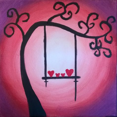 Beginner acrylic painting, family of hearts on a tree swing in the moonlight Love Themed Paintings, Valentine’s Day Sip And Paint Ideas, Valentine Paintings Easy, Heart Tree Painting, Valentines Day Canvas Painting Diy, Easy Family Painting Ideas On Canvas, Valentine’s Day Acrylic Painting, Mother Day Painting On Canvas Easy, Valentines Easy Paintings