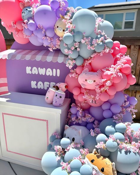 Kawaii cuteness. 🥹💕💜 Love love love these hidden cuties we tucked away in this balloon garland! 💘 Tell me which one is your favorite?! 😍 Always providing fun backdrop and balloon setups! Mini dessert table available for rent. 🫶🏽 Foam board @endlessprintsbystephanie Setup, backdrop, and balloons @aloveforlavish - - - - Kawaii, pastel balloons, balloon styling, backdrop and balloons, Squishmallows, cute cafe, boba, boba love, boba life, kids party ideas, plushies, balloon decor #kawaii #kawa... Mini Dessert Table, Balloon Styling, Kids Party Ideas, Mini Dessert, Pastel Balloons, Cute Cafe, Balloon Decor, Mini Desserts, Foam Board