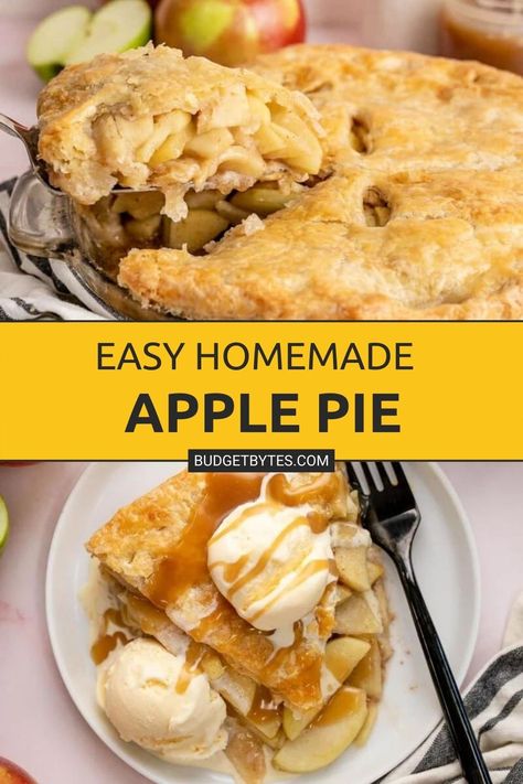 This is the easiest apple pie recipe ever! The cinnamon-scented filling and buttery crust are scrumptious and ridiculously simple to make! Pop over to our site for the recipe! | desserts | baking recipes | budget recipes | Best Homemade Apple Pie, Homemade Pie Recipes, Apple Pie Recipe Homemade, Apple Pie Filling Recipes, Homemade Apple Pie Filling, Small Batch Baking, Homemade Apple Pie, Pie Filling Recipes, Apple Pie Recipe