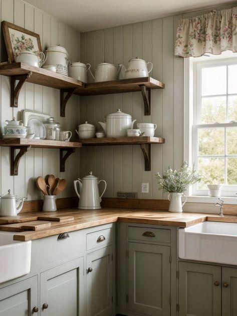 Fresh Country Kitchen, Small Cozy House Ideas, English Farmhouse Kitchen Country Style, Cute Cottage Kitchen Ideas, Country Charm Kitchen, Country Style Small Kitchen, English Country Farmhouse Decor, Feminine Cottage Decor, Rustic English Kitchen