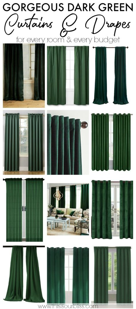 Want to add some luxe to your home? Dark green curtains and drapes will make a beautiful statement to any space in your home. Forest green, emerald green and hunter green color trends are hot and going strong. Click for the best dark green curtain and drape sources! #greencurtains #windowtreatments Forest Green Curtains Living Rooms, Dark Green Bedroom Curtains, Emerald Green Curtains Bedroom, Dark Green Curtains Living Room, Dark Green Curtains Bedroom, Dark Green Drapes, Hunter Green Curtains, Forest Green Curtains, Dark Green Curtains