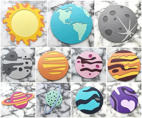 Solar System Party Favors, Cricut Solar System, Solar System Cricut Projects, Solar System Paper Craft, Cricut Outer Space Projects, Solar System Birthday Party Decorations, Solar System Birthday Party, Solar System Party, Solar System Birthday