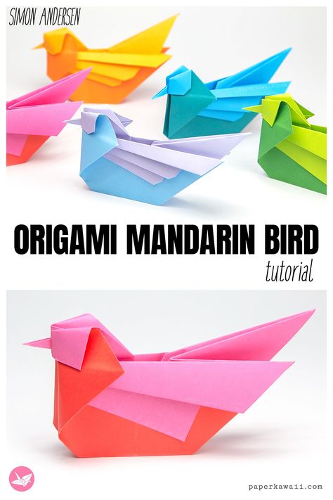 Origami Mandarin Bird Tutorial - Simon Andersen Paper Kawaii, Paper Craft Tools, Origami Bird, Origami 3d, How To Fold, Paper Crafts Origami, Square Paper, Bird Design, Origami Paper