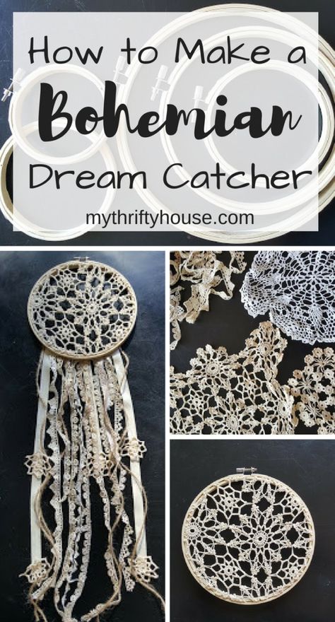 How to Make a Bohemian Dream Catcher - My Thrifty House Doily Dream Catcher, How To Make Dreamcatcher, Dream Catchers How To Make A, How To Make A Dreamcatcher, Lace Dream Catcher Diy, Macrame Dream Catcher Diy Tutorials, Macrame Dream Catcher Diy, Dream Catcher Patterns Step By Step, Doilie Art