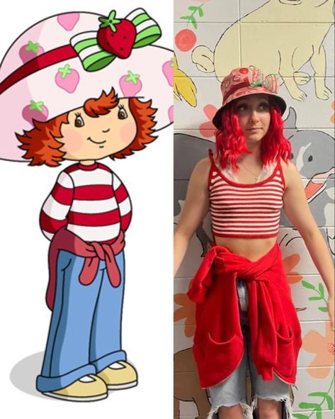 Strawberry shortcake Halloween costume Easy Halloween Costumes For Redheads, Short Red Hair Halloween Costume, Short Red Hair Costume Ideas, Easy Single Halloween Costumes, Strawberry Shortcake Diy Costume, Halloween Costumes Tv Characters, Adult Strawberry Shortcake Costume, Easy Cartoon Costumes, Diy Strawberry Shortcake Costume