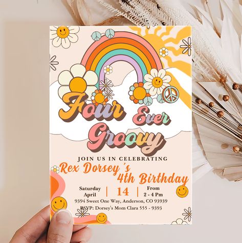 Four Ever Groovy Retro Boho Rainbow 4th Birthday Invitation #groovybirthday #70sbirthday #retrobirthday #groovyinvitations #hippiebirthday #70sparty #discotheme #faroutparty #70sbash #vintagebirthday Four Ever Groovy, Third Birthday Girl, Hippie Birthday, Rainbow Birthday Invitations, Third Birthday Party, Retro Daisy, Retro Birthday, 10th Birthday Parties, Fourth Birthday