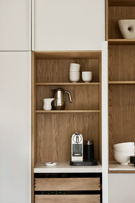 7 perfect coffee niches showing why they're a design trend | Livingetc Coffee Cabinet Kitchen, Coffee Machine Cabinet, Kitchen High Cabinets, Coffee Nook In Kitchen, Kitchen Cabinets Inside, Coffee Niche, Kitchen Niche, Danish Kitchen, Dark Wood Kitchen Cabinets