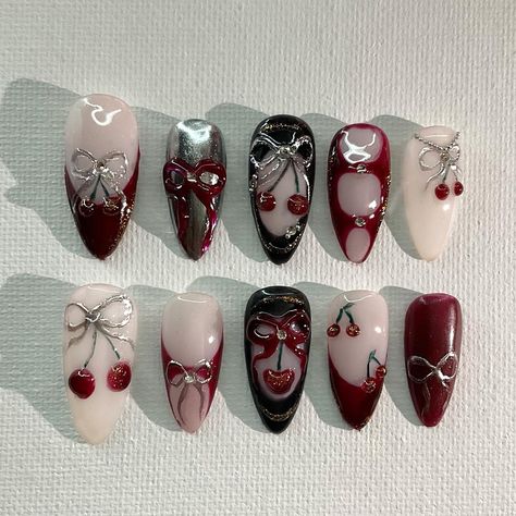 🍒🖤✨ recreation of set by @arisacheu 🥹💗 Dark Coquette Nails, Fall Nail Ideas, Korean Nail Art, Nagellack Trends, Makeup Nails Art, Cherry Nails, Korean Nails, Pretty Gel Nails, Really Cute Nails