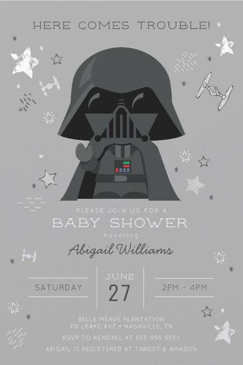 Star Wars | Darth Vader Baby Shower Invitation
Invite all your family and friends to your Baby Shower with these sweet Darth Vader invitations. Personalize by adding all your shower details! Star Wars Baby Room, Baby Jedi, Star Wars Baby Shower, Star Wars Nursery, Pregnancy Congratulations, Star Shower, Watercolor Baby Shower, Congratulations Cards, Birthday Party Invites