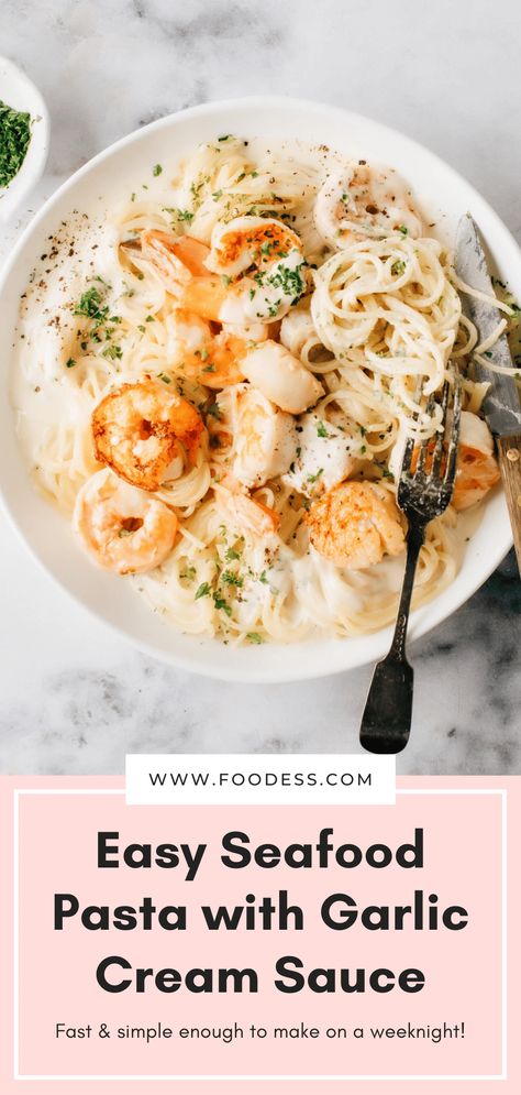 This easy Seafood Pasta with Garlic Cream Sauce is spectacular enough to serve for a special occasion, but it’s deceptively fast and simple enough to make on a weeknight. So treat yourself. The sauce alone is so easy and delicious that I have been making it on repeat for months. It consists of butter, cream and a combination of two cheeses that thicken the sauce beautifully with a subtle milky, nutty flavour. Check out my full recipe and try it out tonight for dinner! Easy Cream Sauce For Pasta, Easy Seafood Pasta, Creamy Seafood Pasta, Pasta With Garlic, Cream Sauce Pasta, Seafood Sauce, Shrimp Sauce, Cream Pasta, Seafood Pasta Recipes