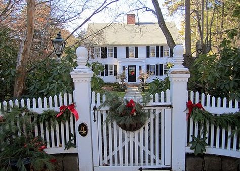 Gorgeous! White House Black Shutters, Fence Backyard, New England Christmas, Black Shutters, Picket Fences, Colonial Exterior, Front Gate, White Picket Fence, New England Homes