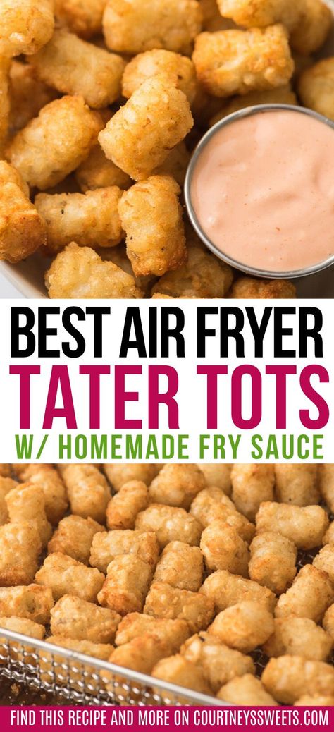 These Air Fryer Tater Tots are quick and easy to make and paired with our Fry Sauce Recipe. Make perfectly cooked frozen tater tots in the air fryer. #airfryer #airfrying #airfryerrecipes #tatertots #potatoes #appetizer #sidedish #frysauce #sauce #dips Potatoes Airfryer, Tator Tot Recipe, Fry Sauce Recipe, Frozen Tater Tots, Airfryer Recipe, Tater Tot Recipes, Yummy Fries, The Best Air Fryer, Homemade Fries