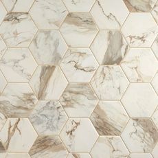 Calacatta Vecchia 8 in. Hexagon Porcelain Wall Tile - 8 x 9 - 100872977 | Floor and Decor Ogee Tile, Porcelain Tile Bathroom, White Porcelain Tile, Antique Mirror Glass, Gray Porcelain Tile, Yellow Tile, Polished Porcelain Tiles, Porcelain Wall Tile, Hexagon Tiles