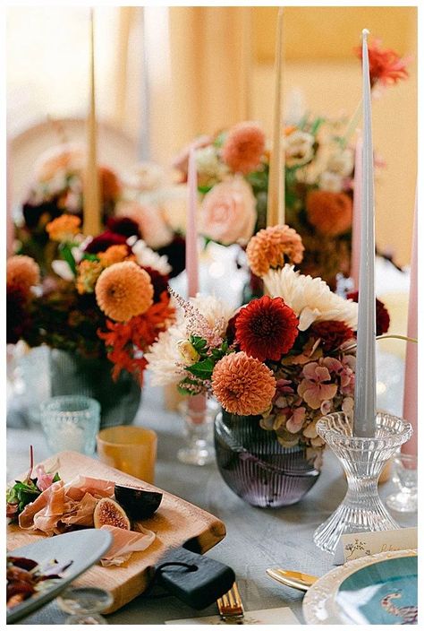 Eclectic Plates, Candlelit Centerpieces, Fall Wedding Tablescapes, Textured Vases, Autumn Wedding Decor, Blue Linen Napkins, Photography Story, Fall Garden Wedding, Unique Floral Arrangements