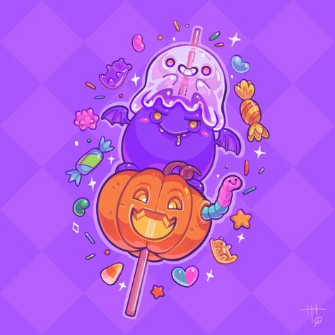 Cute Cryptids, Candy Art Drawing, Creepy Cute Drawings, Spooky Fruit, Candy Illustration, Kawaii Spooky, Spooky Sweets, Candy World, Illustration Challenge