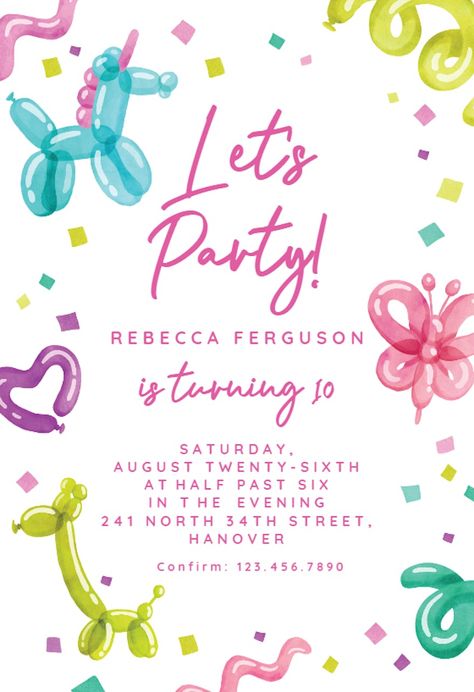 Colorful Party Invitations, Illustrated Birthday Invitations, Digital Birthday Invitations, Girl Birthday Invitations, Kids Party Invitations, Birthday Invitation Design, Surprise Birthday Invitations, Diy Birthday Invitations, Girls Party Invitations