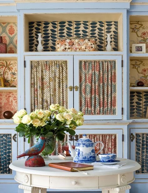 i love all the different patterns Chicken Wire Cabinet Doors, Curtain Cupboard, Cabinet Curtains, Blue Cupboard, Chicken Wire Cabinets, Cloth Cabinet, Fabric Chicken, Wire Cabinet, Glass Kitchen Cabinet