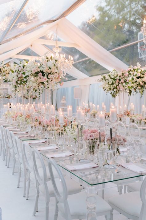 Outdoor Wedding Reception Decorations, Backyard Tent Wedding, Blush Wedding Theme, Pastel Wedding Theme, White Weddings Reception, Dream Wedding Reception, Luxury Weddings Reception, Pink And White Weddings, Pink Wedding Theme