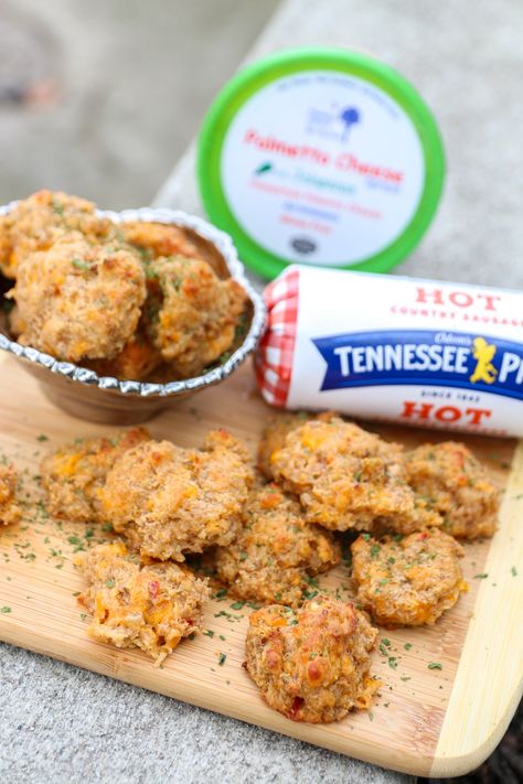 Pimento Cheese Sausage Balls Palmetto, Pimento Cheese Sausage Balls, Pimento Cheese Appetizer, Sausage Ball Recipe, Cheese Sausage Balls, Sausage Ball, Kentucky Derby Food, Palmetto Cheese, Southern Appetizers